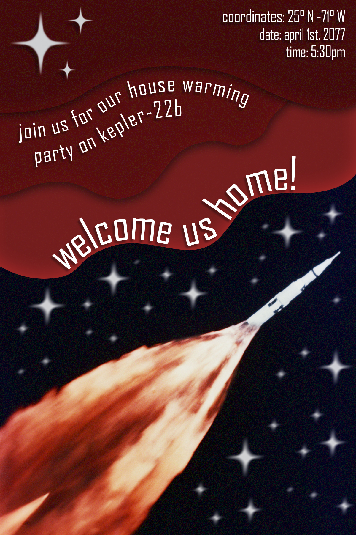 A postcard invitation for a housewarming party on Kepler 22-b.